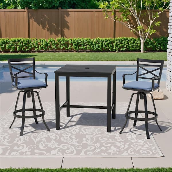 Crestlive Products 3-Piece Square Aluminum Outdoor Dining Set with 35.4 in. Table and Bar Stool in Blue