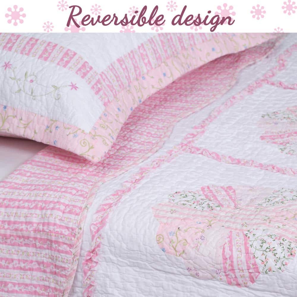 Pink and White Floral Cotton Queen Reversible Quilt Set