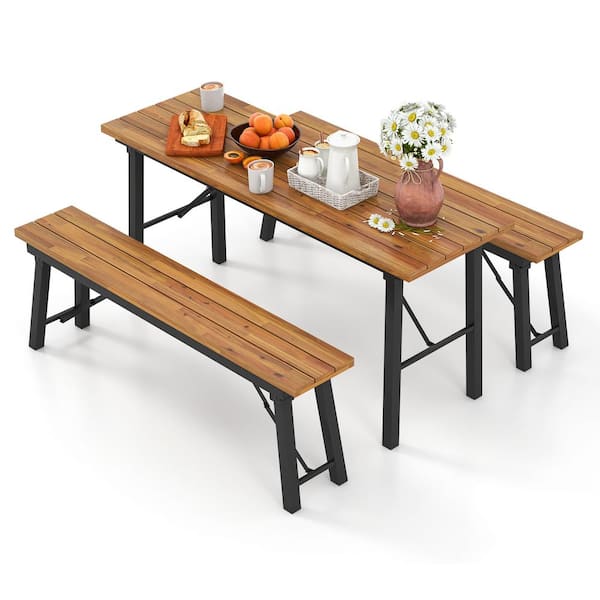 ANGELES HOME 3-Piece Wood Outdoor Dining Set Table and Bench with Acacia Wood Top for Yard Garden Poolside