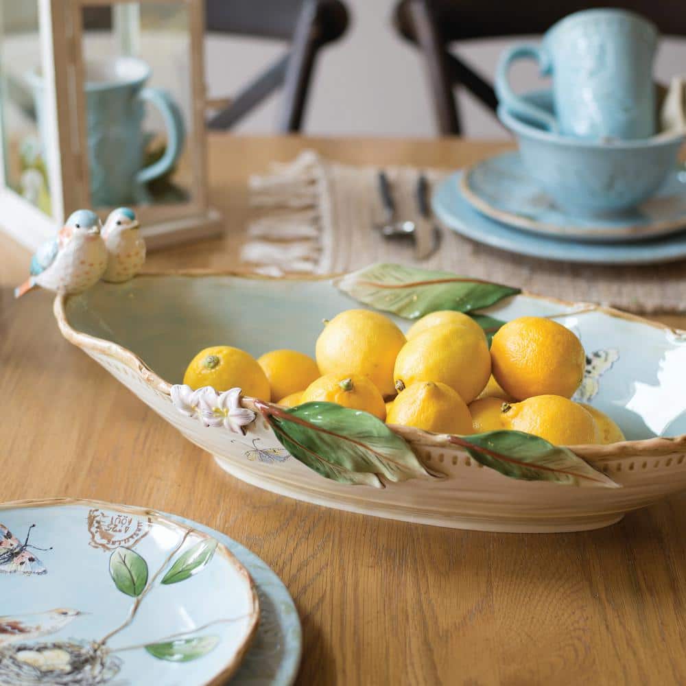 Pastel Blue Ceramic Elliptical Decorative Bowl with Birds and Butterflies