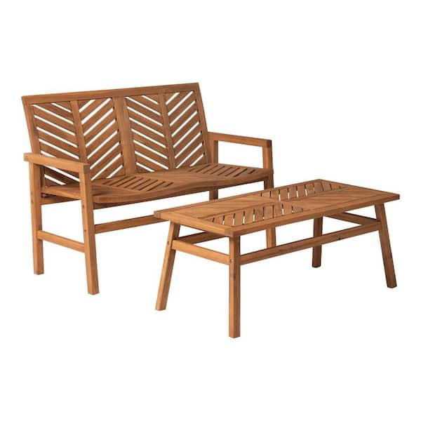 Walker Edison Furniture Company 2-Piece Wood Chevron Outdoor Patio Conversation Set in Brown