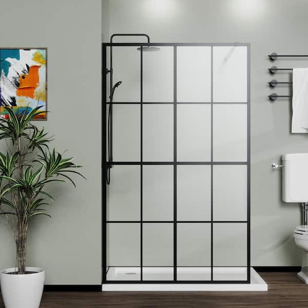 46 in. W X 72 in. H Framed Black Grid Walk-in Shower Door for Wetroom in Black