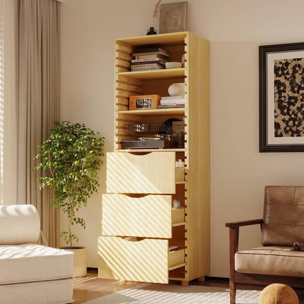 Oak 70.9 in. Accent Cabinet Office Storage Cabinet with 3-Shelves and 3-Drawers, Anti-Tip Kit