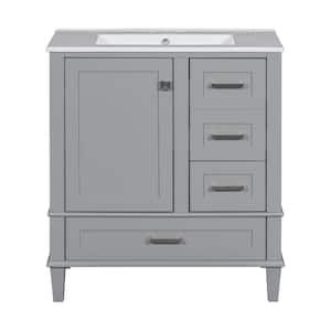 30 in. W x 18.3 in. D x 34 in. H Gray Bathroom Vanity with Single Sink and White Ceramic Top, 1-Door and 3-Drawers