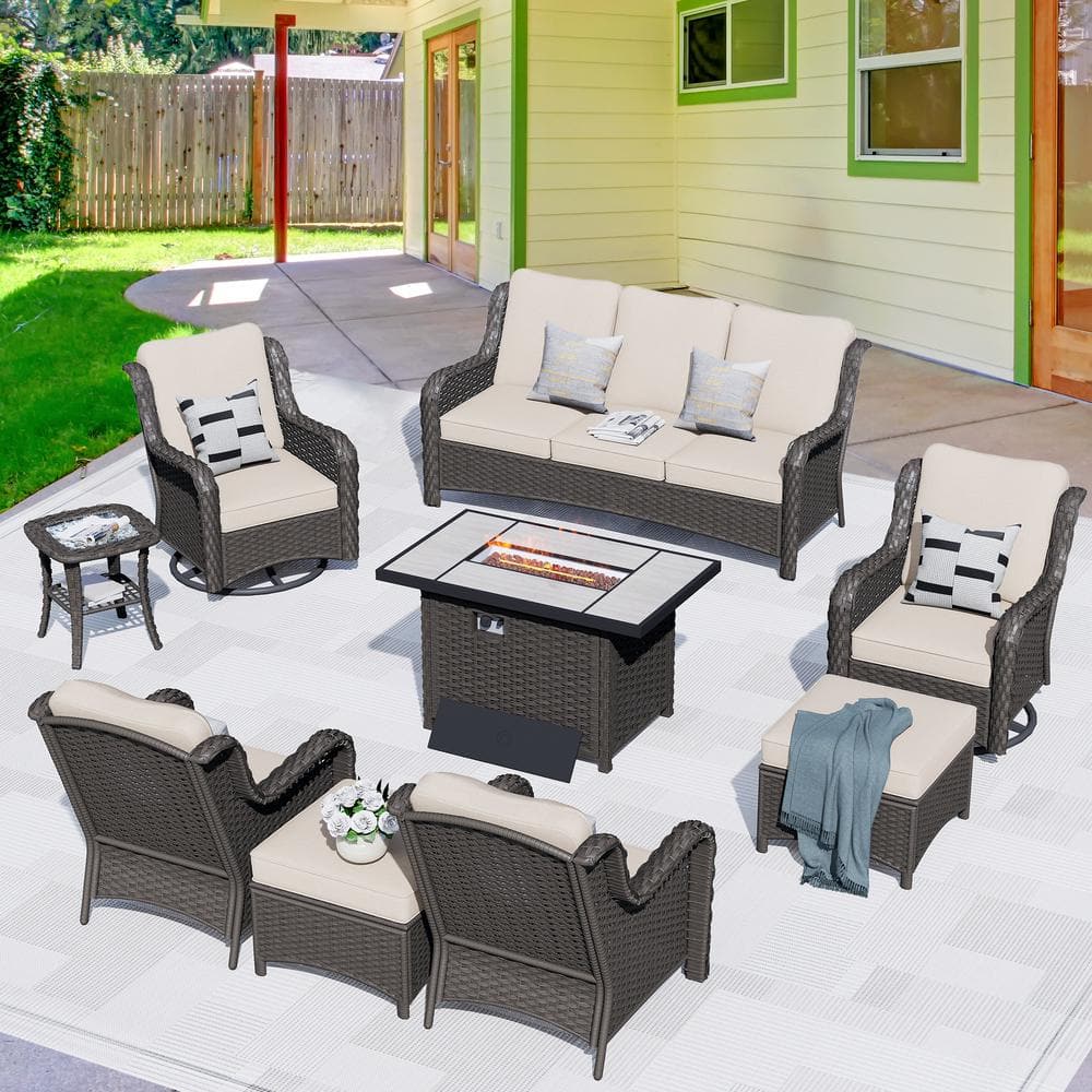 Oreille Brown 9-Piece Wicker Outdoor Patio Conversation Sofa Seating Set with a Rectangle Firepit and Beige Cushions price history on PriceWatchPro