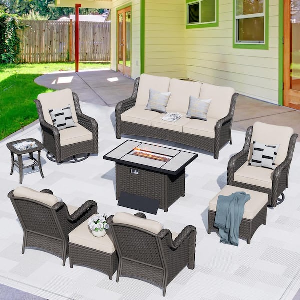 HOOOWOOO Oreille Brown 9-Piece Wicker Outdoor Patio Conversation Sofa Seating Set with a Rectangle Firepit and Beige Cushions