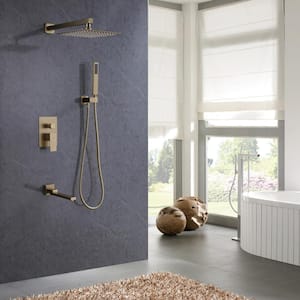 Single Handle 3-Spray Tub and Shower Faucet 2.5 GPM Square Tub Shower Faucet in. Brushed Gold (Valve Included)