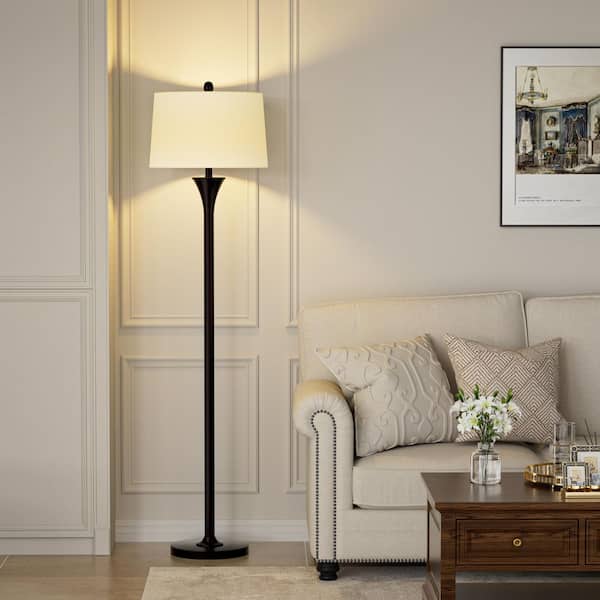 66 in. Bronze Metal Standard Floor Lamp with White Fabric Shade and Rotary On/Off Switch