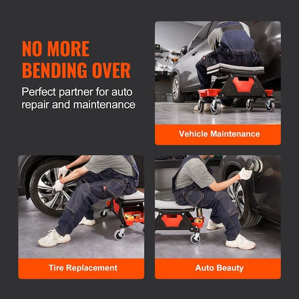 Mechanics Stool, 300 lbs. Capacity Rolling Mechanic Seat with 4 in. Wheels, with 3-Slide Out Tool Trays and Drawer