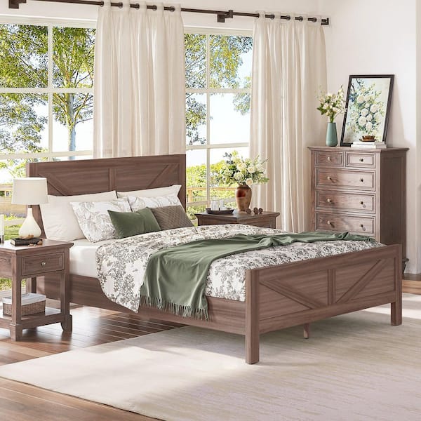 Vess Brown Engineered Wood Frame Queen Size Platform Bed with Headboard, Footboard, and Under Bed Storage