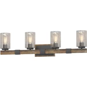 4-Light Indoor Black Walnut Bath or Vanity Light Bar or Wall Mount with Clear Seedy Bubble Glass Cylinder Shades