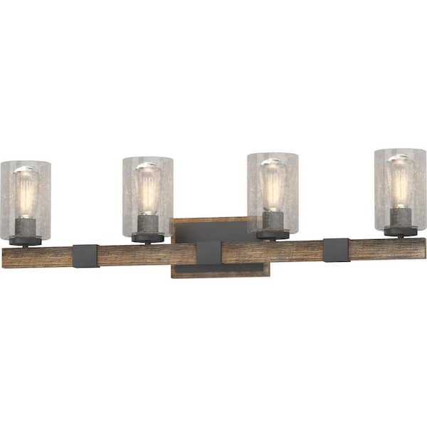 Volume Lighting 4-Light Indoor Black Walnut Bath or Vanity Light Bar or Wall Mount with Clear Seedy Bubble Glass Cylinder Shades