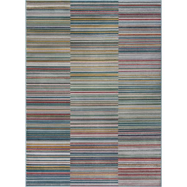 Well Woven Tulsa2 Nampa Green Blue 3 ft. 11 in. x 5 ft. 3 in. Tribal Stripes Geometric Pattern Distressed Area Rug