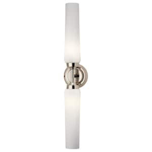Truby 25.5 in. 2-Light Polished Nickel Contemporary Bathroom Vanity Light with Satin Etched Cased Opal Glass