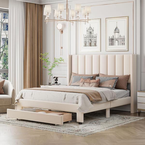 Qualler Beige Wood Frame Queen Size Upholstered Platform Bed with a Big Drawer