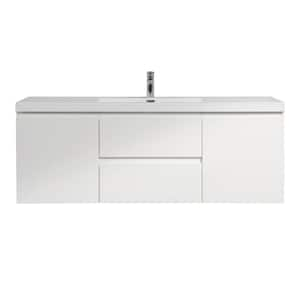 59.06 in. W Wall Mounted Bath Vanity in White with White Culture Marble Top