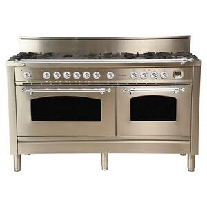 60 in. 6 cu. ft. Double Oven Dual Fuel Italian Range True Convection, 8 Burners, Griddle, Chrome Trim/Stainless Steel