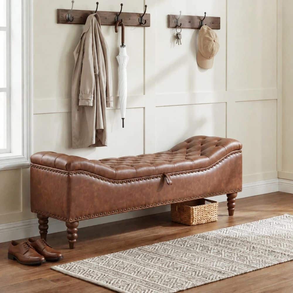 Modern 57.7 in. Brown PU Faux Leather Button-Tufted Upholstered Storage Ottoman Entryway Bedroom Bench