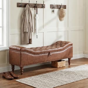 Modern 57.7 in. Brown PU Faux Leather Button-Tufted Upholstered Storage Ottoman Entryway Bedroom Bench
