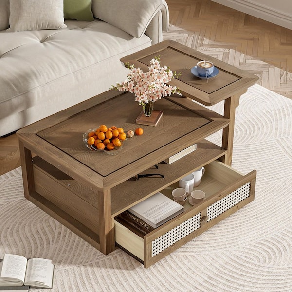 Tatahance 38.5 in. Dark Brown Rectangle Wood Coffee Table with Storage Shelf and Rattan Drawer