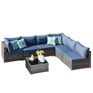 Gemini 7-Piece Wicker Outdoor Sectional Set with Denim Blue Cushions