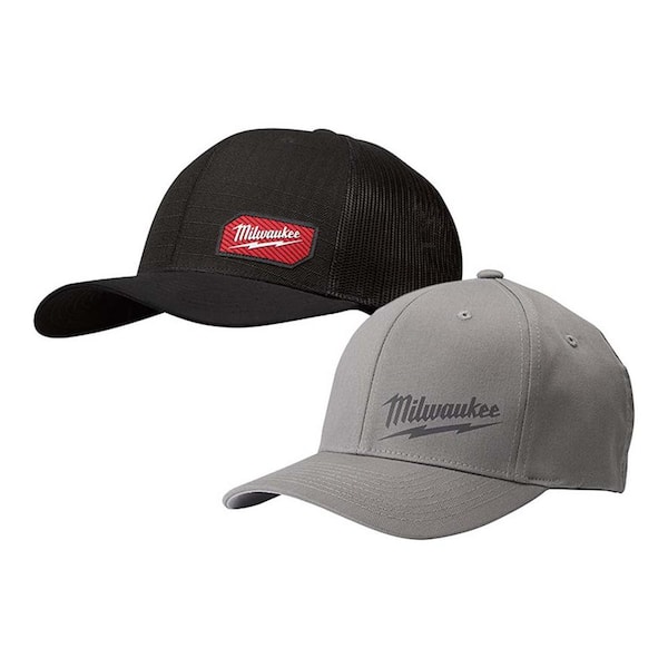 Milwaukee GRIDIRON Black Adjustable Fit Trucker Hat with Small/Medium Gray Fitted Hat (2-Pack)