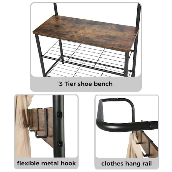 Coat Rack Shoe Bench, 28.3 Entryway Storage Bench, 3-Tier Shoe Rack with  Metal Mesh Shelves