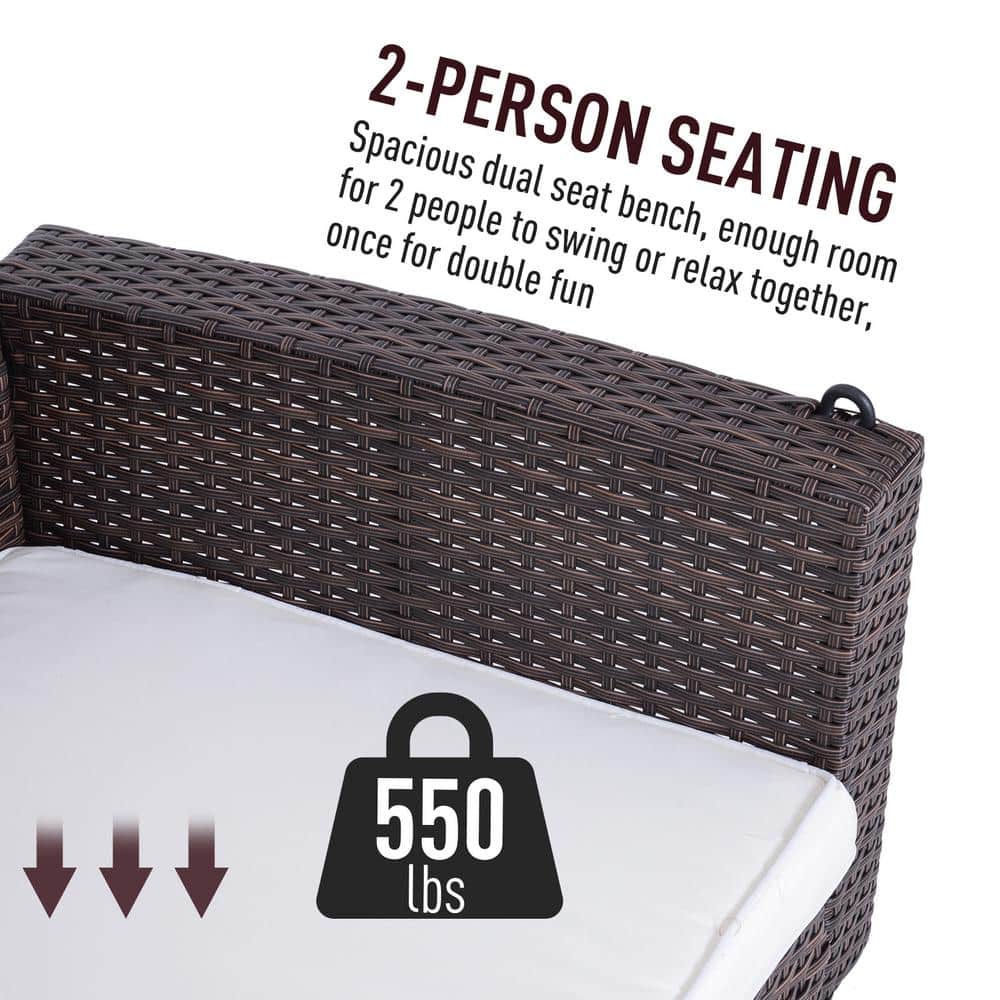 Brown Wicker 2-Person Outdoor Hanging Swing Bench with Cushions
