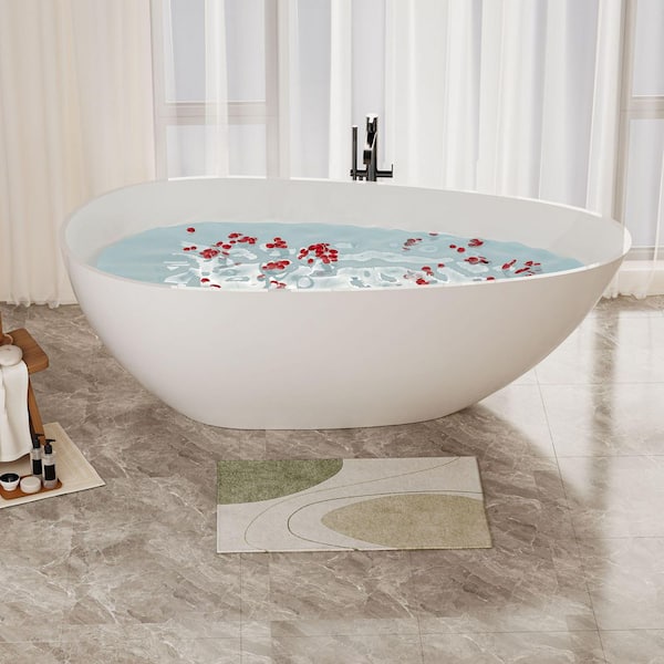 59 in. x 31 in. Contemporary Solid Surface Freestanding Soaking Bathtub in Gloss White with Overflow and Pop-up Drain