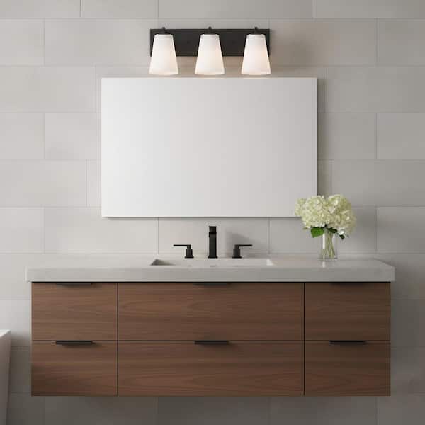 Upson 18 in. W x 7.75 in. H 3-Light Midnight Black Dimmable Large Bathroom Vanity Light with Glass Shades