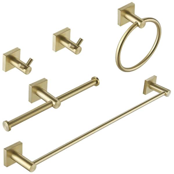 HOMEMYSTIQUE 5-Piece Bath Hardware Set with Towel Bar Towel Ring Towel Hook Toilet Paper Holder in Brushed Gold