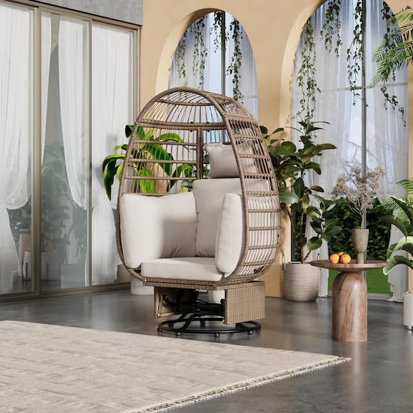 Harper & Bright Designs 360° Swivel Function Natural Wicker Outdoor Rocking Chair Egg Chair with Beige Cushions