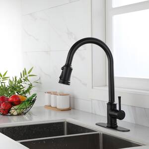 Heidi Single Handle Deck Mount Pull Down Sprayer Kitchen Faucet with Deckplate Included and Handles in Matte Black