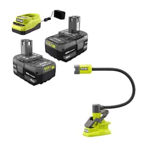 ONE+ 18V Lithium-Ion 4.0 Ah Compact Battery (2-Pack) and Charger Kit with FREE Cordless Flexible LED Clamp Light
