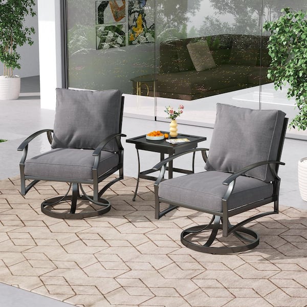 3-Piece Metal Swivel Outdoor Rocking Chairs Patio Conversation Set with Gray Cushions