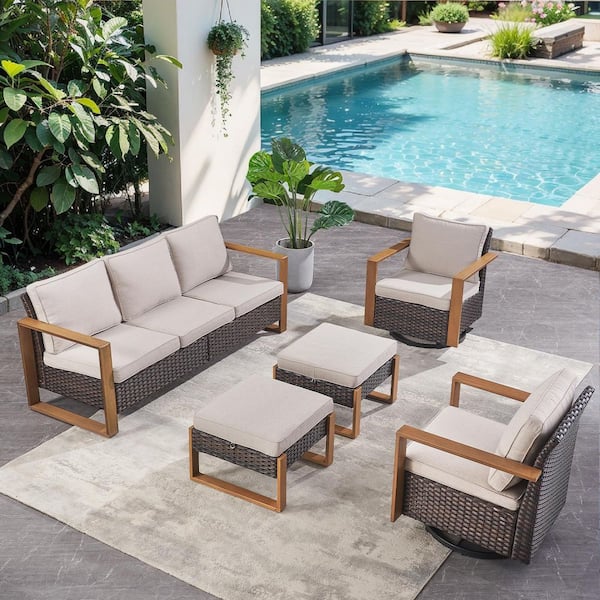 Cube Edge 5-Piece Brown Wicker Patio Conversation Set with Olefin Beige Cushions and Ottomans/ Patio Swivel Gliders