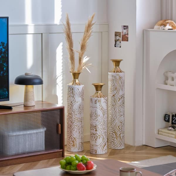 24 in./29 in./33 in. White Metal Vase Trio Set, Glazed Cylinder Floor Vases Gold Floral Relief, Home Decor Centerpieces