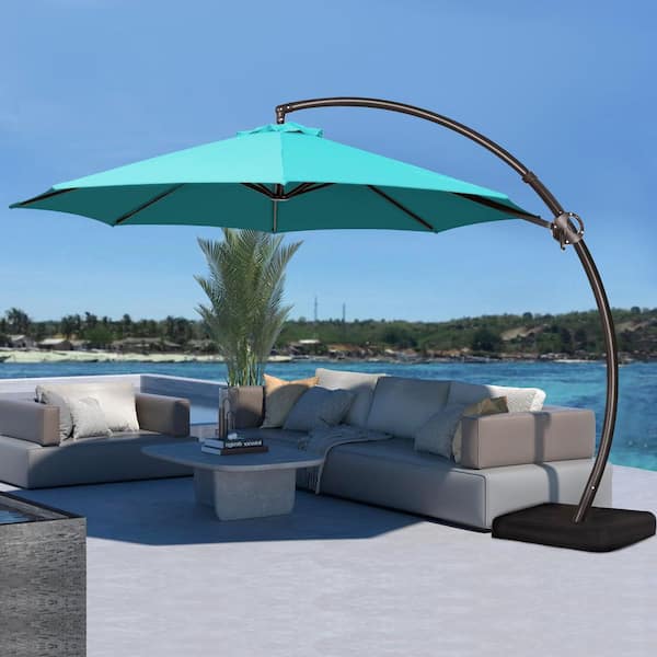 JEAREY 10 ft. Aluminum Cantilever Offset Hanging Patio Umbrella with Sandbag Base and Cover in Peacock Blue