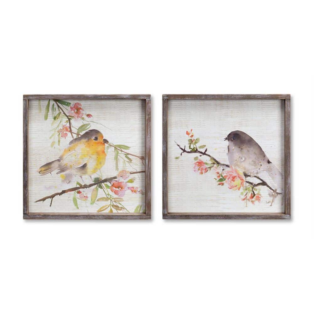Rustic Brown Wood Framed Watercolor Bird Plaques Set