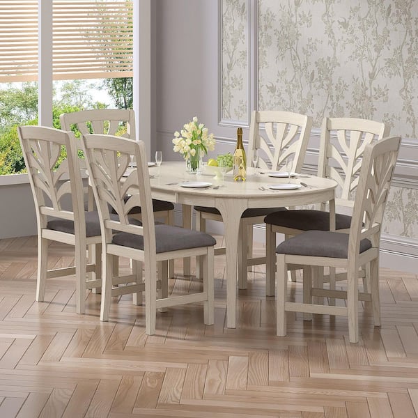 Farmhouse Oval Dining Table Set with Upholstered Chairs-7 Pieces Gray Kitchen Set