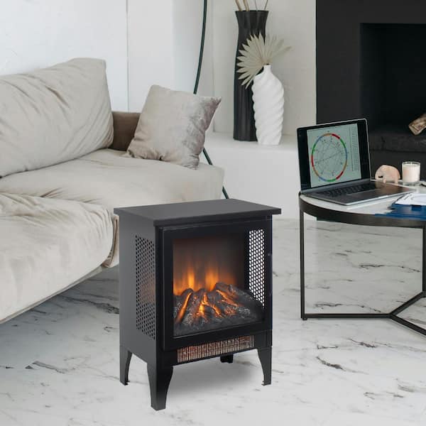 14.2 in. Freestanding Sheet Metal with Infrared Quartz Electric Fireplace with 3D Flame in Antique Black