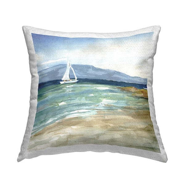 Stupell Industries Seaside Sailboat Landscape Blue Square Outdoor Throw Pillow