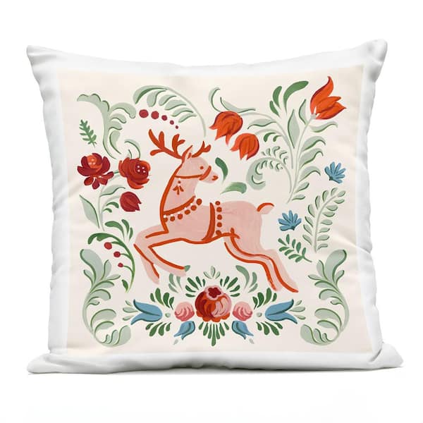 Festive Floral Reindeer Green Square Outdoor Throw Pillow