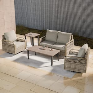 5-Piece Wicker Outdoor Patio Conversation Set Swivel Rocking Chairs with Gray Cushions, Side Table and Coffee Table