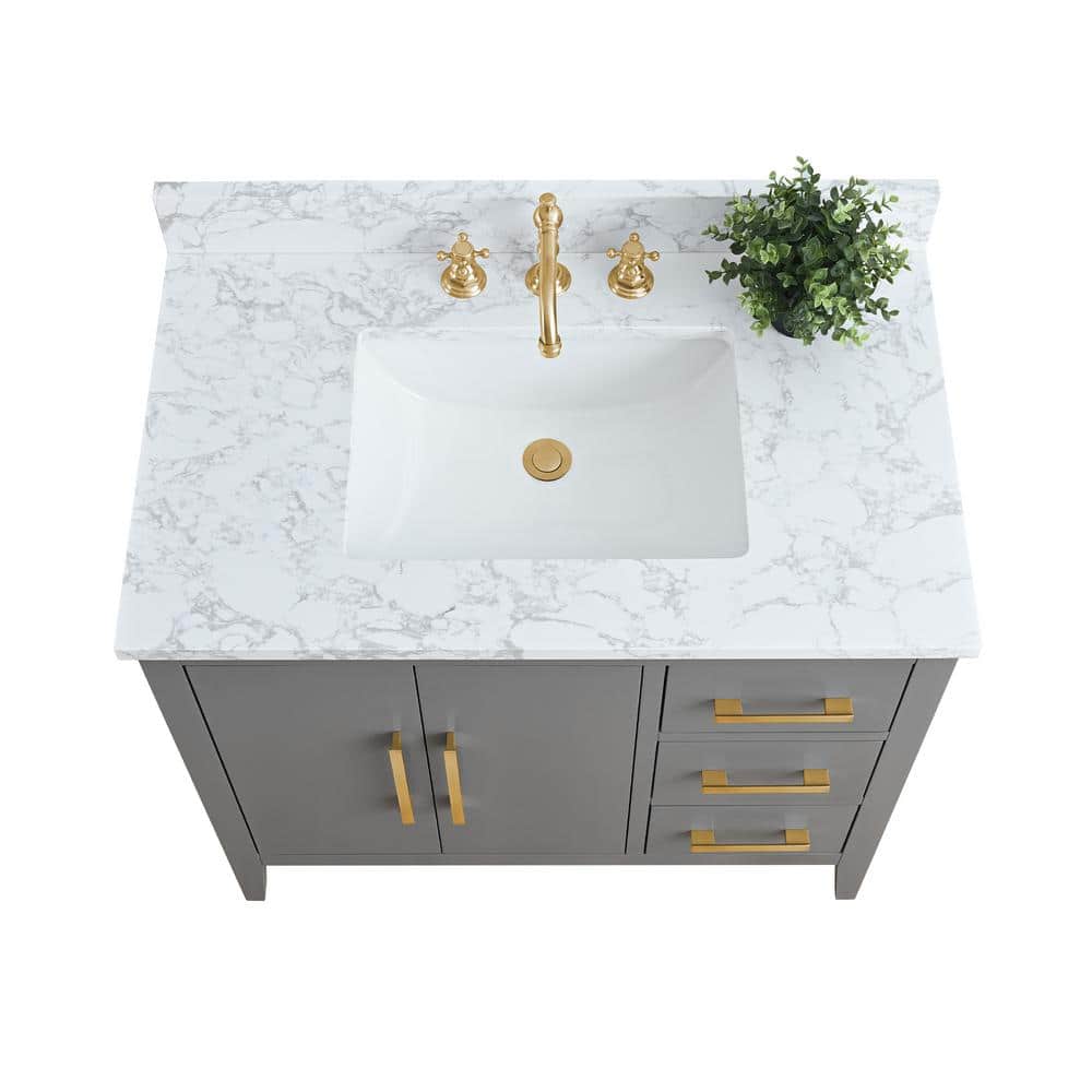 Cashmere Gray Poplar Wood Single Sink Bathroom Vanity with Engineered Marble Top