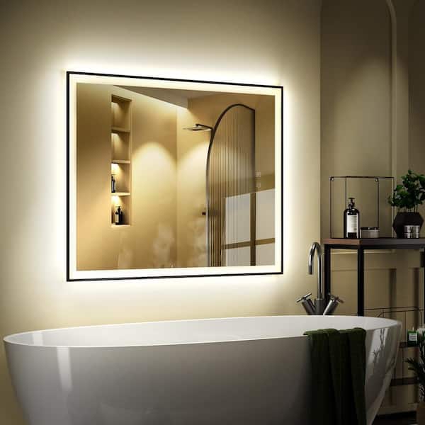 GANPE 32 in. W x 40 in. H Large Rectangular Framed Dimmable Wall Bathroom Vanity Mirror in Sliver