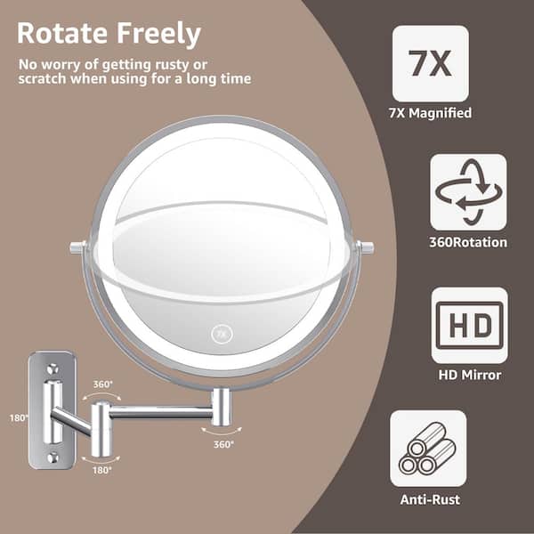 8 in. W x 8 in. H Round LED Metal Wall Miror 7 x Magnification Bathroom Makeup Mirror in Chrome