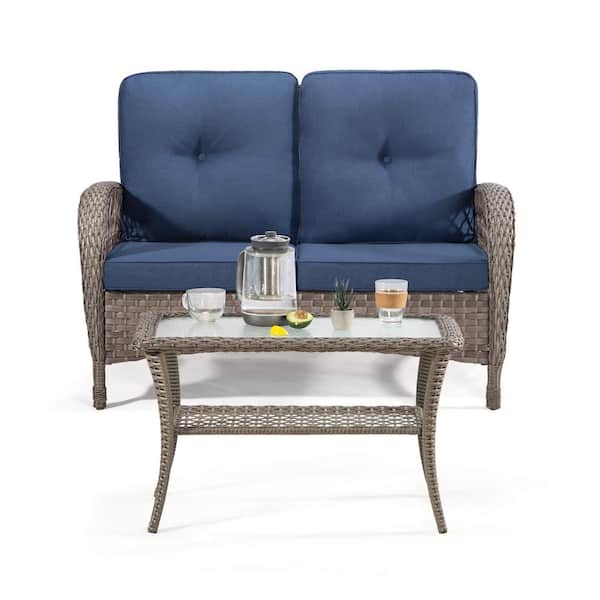 Unbranded 2 Pieces Brown Wicker Patio Conversation Set with Blue Olefin Cushions, One Love Seat and One Coffee Table