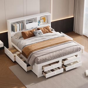 White Wood Frame King Size Platform Bed with Storage Headboard and 8 Drawers