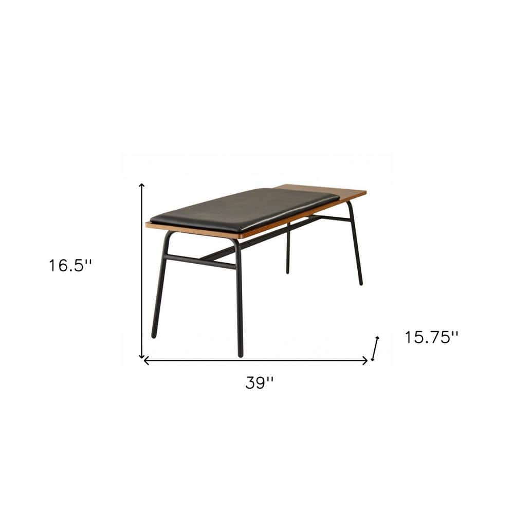 Walnut and Black Metal Upholstered Storage Bench